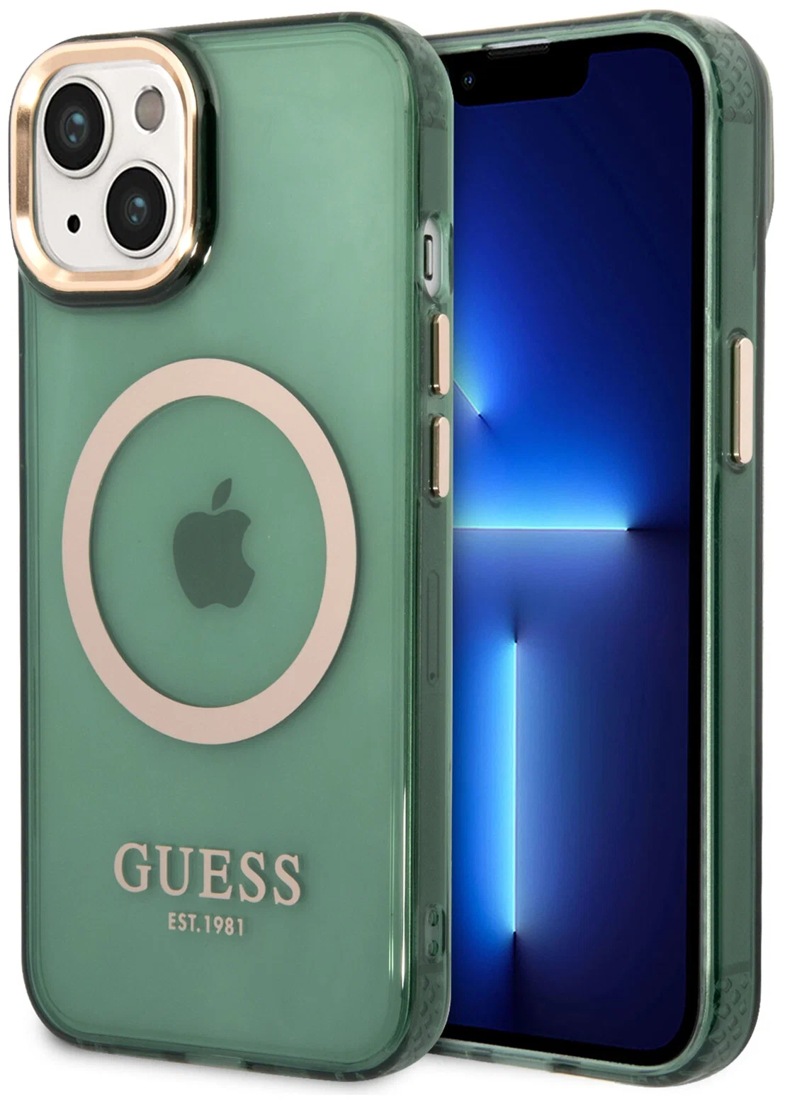 Guess для iPhone 14 чехол PC/TPU Metal outline Hard Translucent Green/Gold(Magsafe)